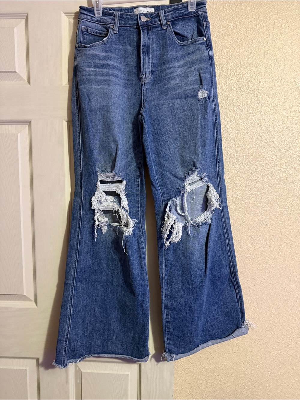 Distressed Blue Flare Jeans - Women's Wide Leg